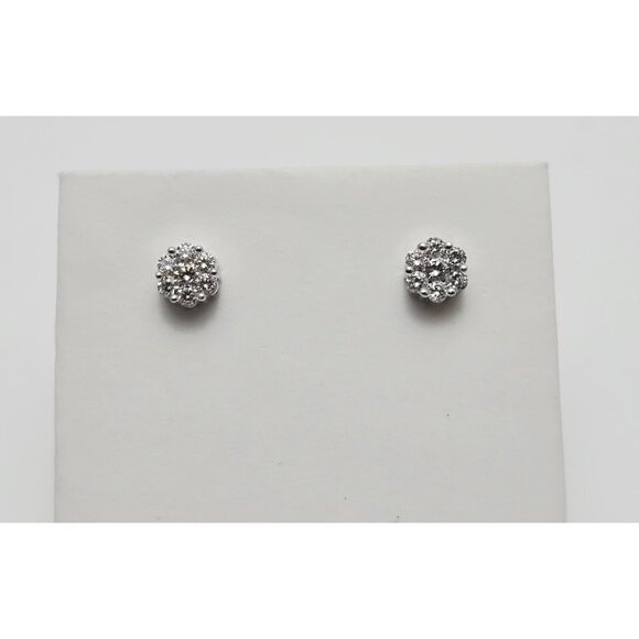 Beautiful 14K Solid White Gold Designer Round Cut Diamond Flower Stud Earrings - Picture 5 of 13
